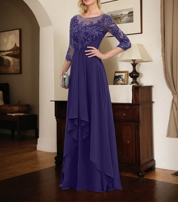 A-line Scoop Illusion Floor-Length Lace Chiffon Mother of the Bride Dress With Cascading Ruffles