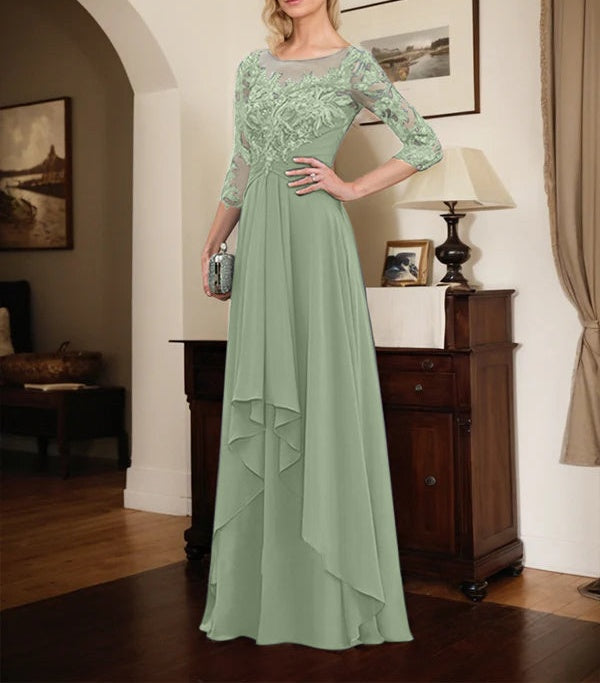 A-line Scoop Illusion Floor-Length Lace Chiffon Mother of the Bride Dress With Cascading Ruffles