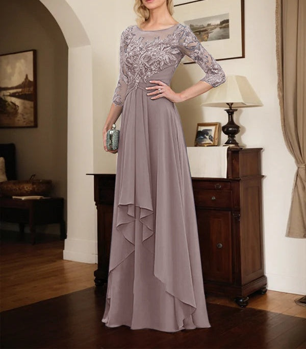 A-line Scoop Illusion Floor-Length Lace Chiffon Mother of the Bride Dress With Cascading Ruffles
