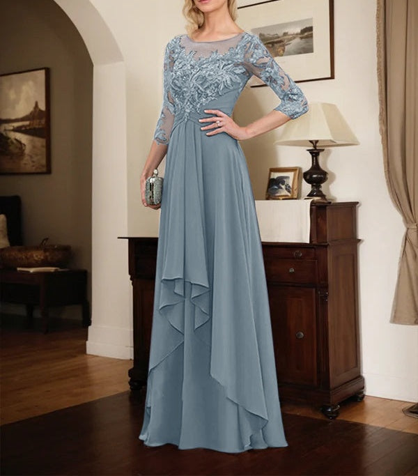 A-line Scoop Illusion Floor-Length Lace Chiffon Mother of the Bride Dress With Cascading Ruffles