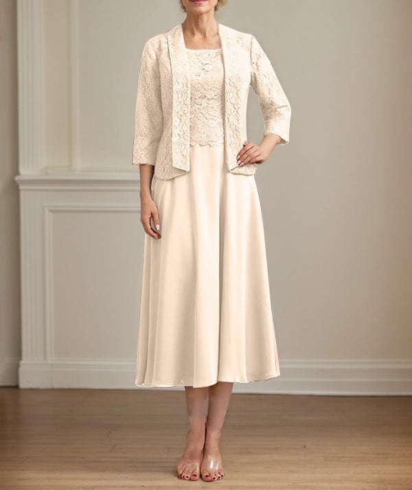 A-line Scoop Tea-Length Lace Chiffon Mother of the Bride Dress