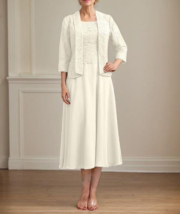 A-line Scoop Tea-Length Lace Chiffon Mother of the Bride Dress