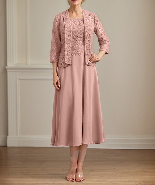A-line Scoop Tea-Length Lace Chiffon Mother of the Bride Dress