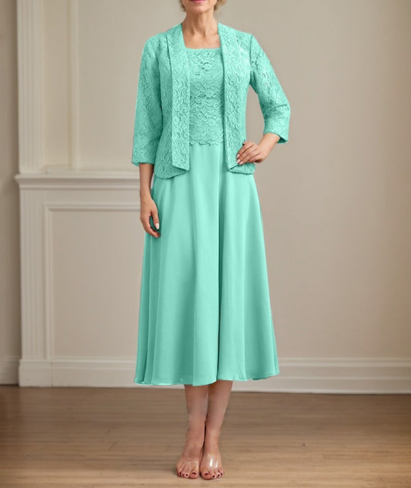 A-line Scoop Tea-Length Lace Chiffon Mother of the Bride Dress
