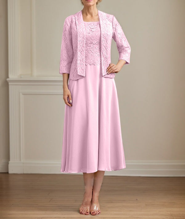 A-line Scoop Tea-Length Lace Chiffon Mother of the Bride Dress