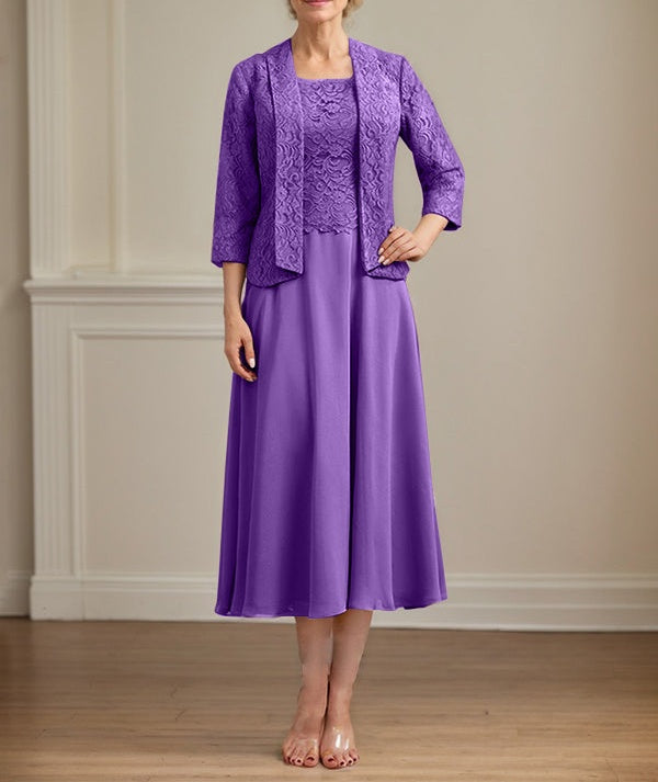 A-line Scoop Tea-Length Lace Chiffon Mother of the Bride Dress