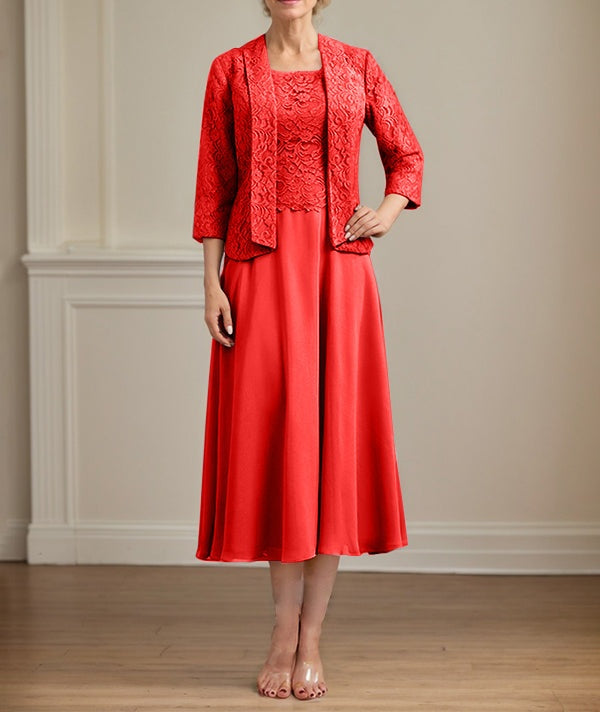 A-line Scoop Tea-Length Lace Chiffon Mother of the Bride Dress