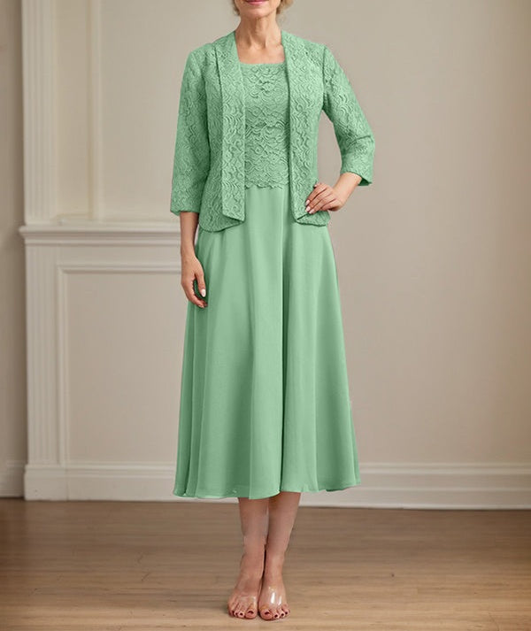 A-line Scoop Tea-Length Lace Chiffon Mother of the Bride Dress
