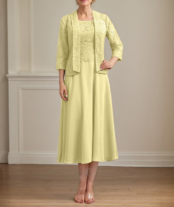 A-line Scoop Tea-Length Lace Chiffon Mother of the Bride Dress