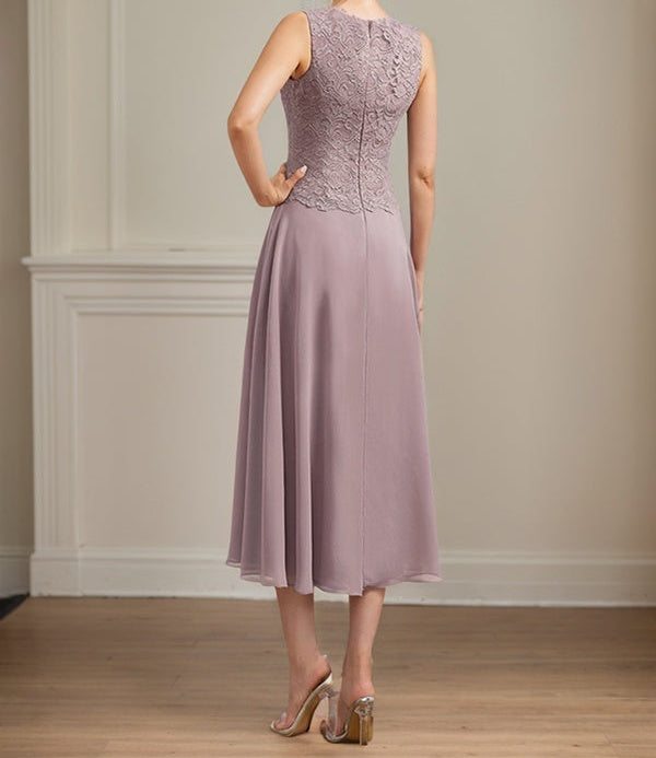 A-line Scoop Tea-Length Lace Chiffon Mother of the Bride Dress