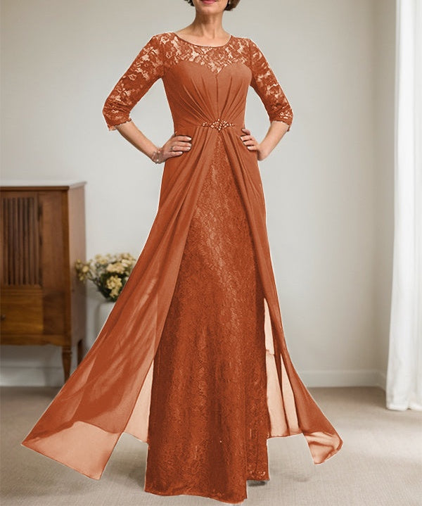 A-Line Scoop Illusion Floor-Length Lace Chiffon Mother Of the Bride Dress With Beading Ruffles