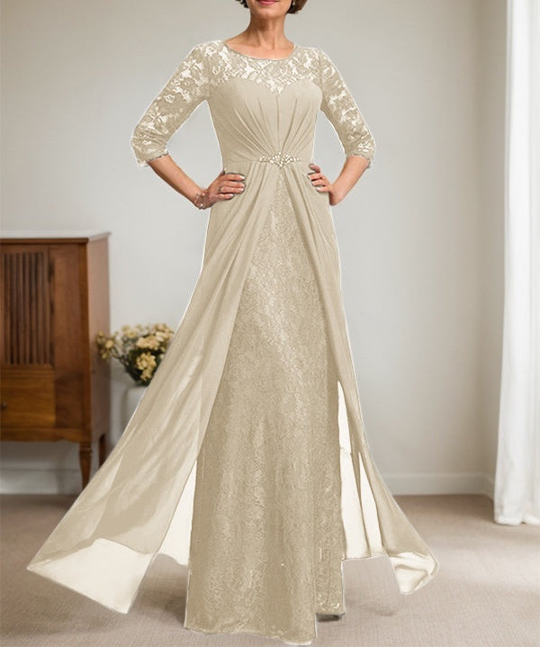 A-Line Scoop Illusion Floor-Length Lace Chiffon Mother Of the Bride Dress With Beading Ruffles