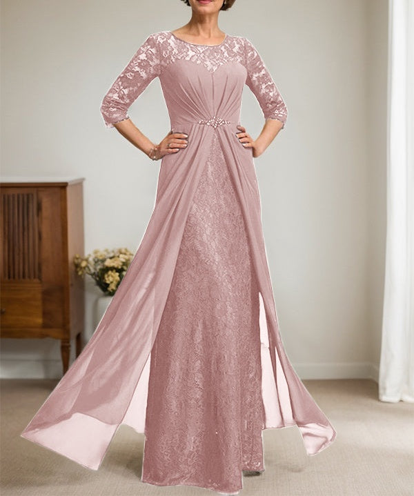 A-Line Scoop Illusion Floor-Length Lace Chiffon Mother Of the Bride Dress With Beading Ruffles