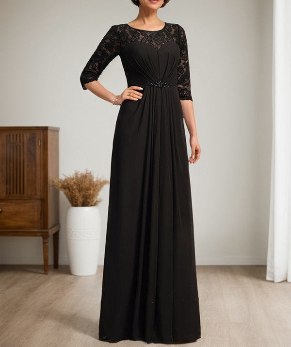 A-Line Scoop Illusion Floor-Length Lace Chiffon Mother Of the Bride Dress With Beading Ruffles