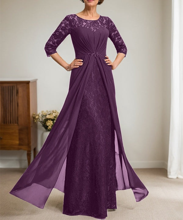 A-Line Scoop Illusion Floor-Length Lace Chiffon Mother Of the Bride Dress With Beading Ruffles