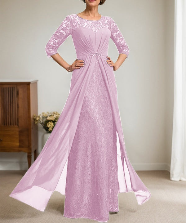 A-Line Scoop Illusion Floor-Length Lace Chiffon Mother Of the Bride Dress With Beading Ruffles