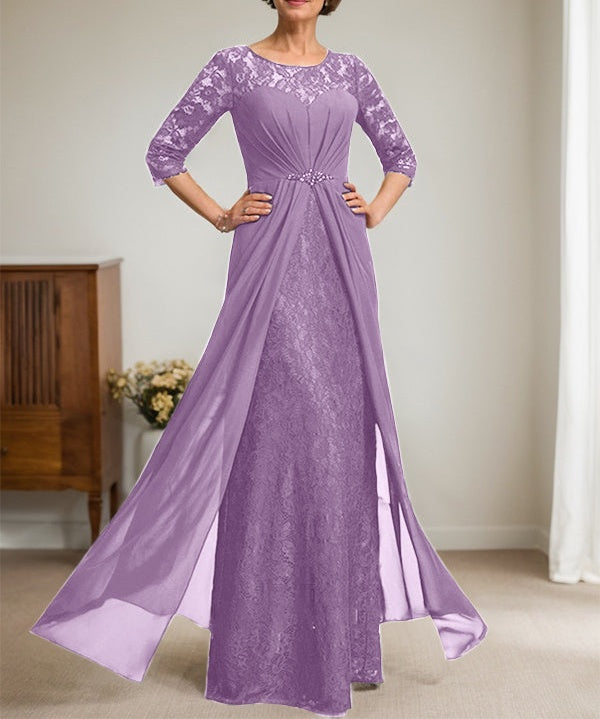 A-Line Scoop Illusion Floor-Length Lace Chiffon Mother Of the Bride Dress With Beading Ruffles