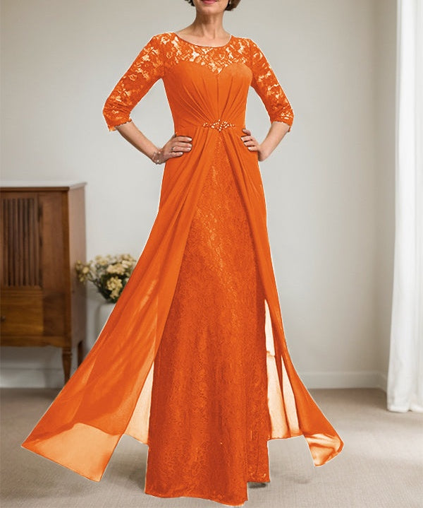 A-Line Scoop Illusion Floor-Length Lace Chiffon Mother Of the Bride Dress With Beading Ruffles