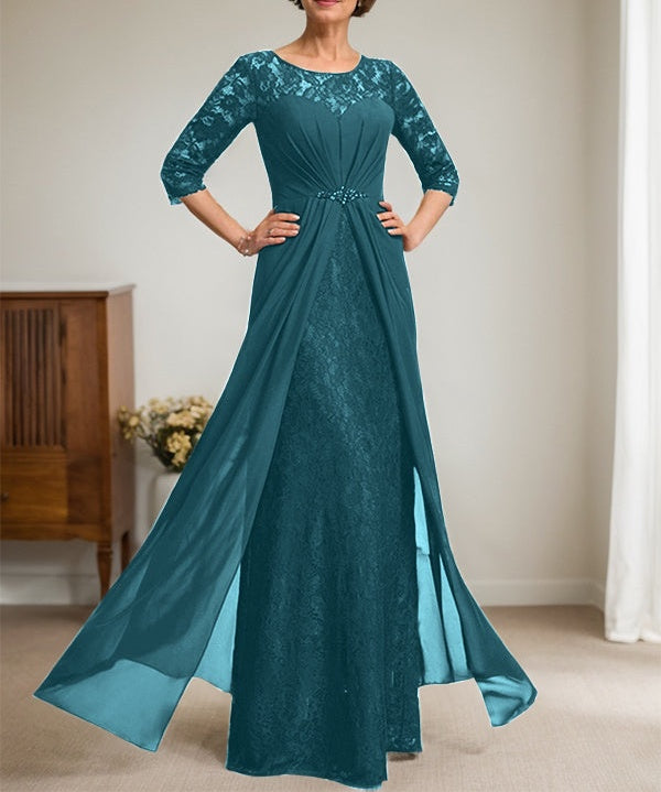 A-Line Scoop Illusion Floor-Length Lace Chiffon Mother Of the Bride Dress With Beading Ruffles