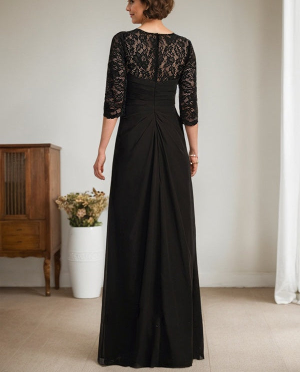 A-Line Scoop Illusion Floor-Length Lace Chiffon Mother Of the Bride Dress With Beading Ruffles