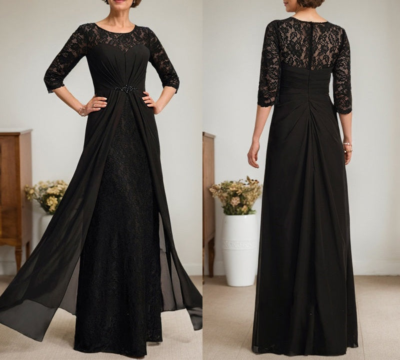 A-Line Scoop Illusion Floor-Length Lace Chiffon Mother Of the Bride Dress With Beading Ruffles