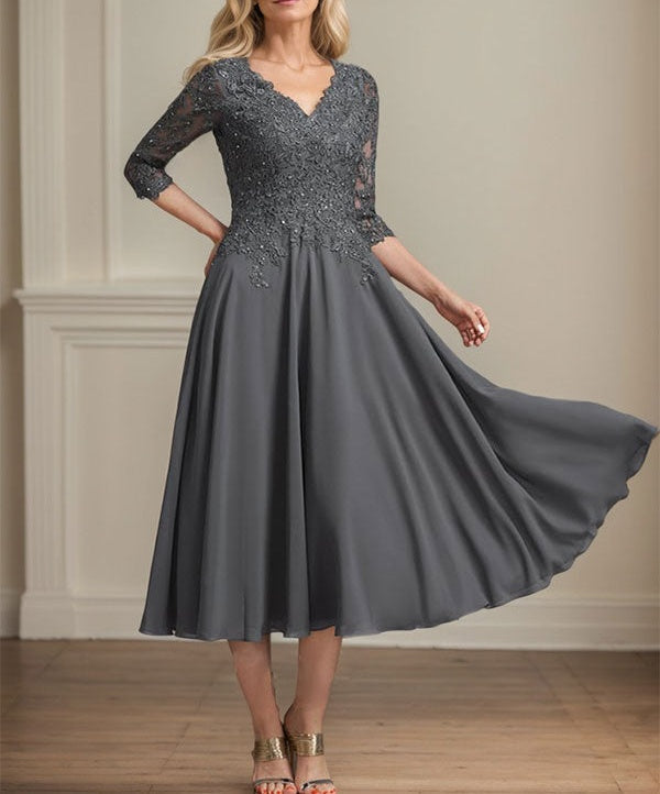 A-line V-Neck Tea-Length Chiffon Lace Mother of the Bride Dress With Beading Sequins