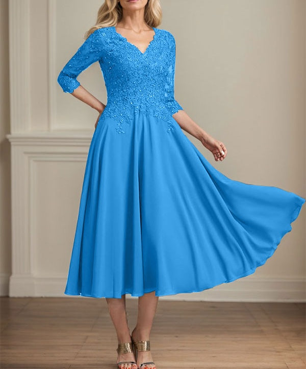 A-line V-Neck Tea-Length Chiffon Lace Mother of the Bride Dress With Beading Sequins