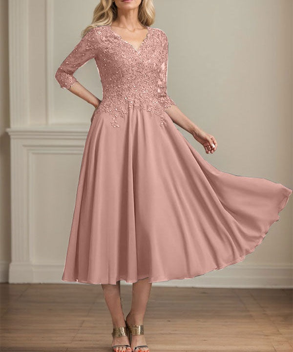 A-line V-Neck Tea-Length Chiffon Lace Mother of the Bride Dress With Beading Sequins