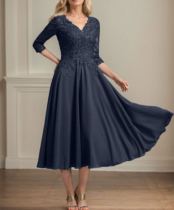 A-line V-Neck Tea-Length Chiffon Lace Mother of the Bride Dress With Beading Sequins