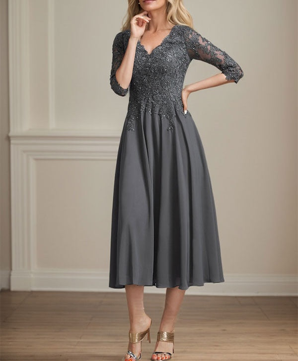 A-line V-Neck Tea-Length Chiffon Lace Mother of the Bride Dress With Beading Sequins