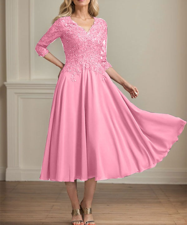 A-line V-Neck Tea-Length Chiffon Lace Mother of the Bride Dress With Beading Sequins