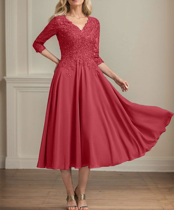 A-line V-Neck Tea-Length Chiffon Lace Mother of the Bride Dress With Beading Sequins