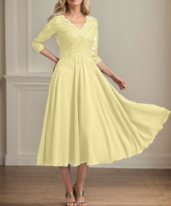 A-line V-Neck Tea-Length Chiffon Lace Mother of the Bride Dress With Beading Sequins