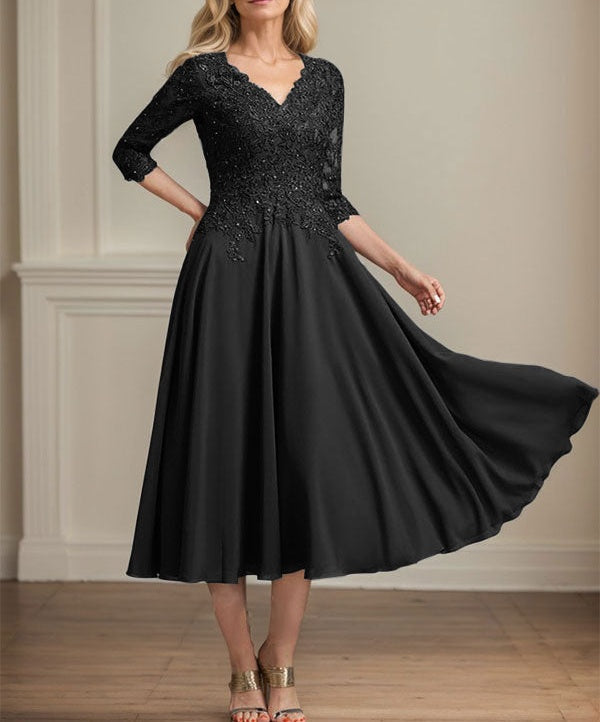 A-line V-Neck Tea-Length Chiffon Lace Mother of the Bride Dress With Beading Sequins