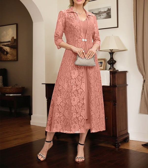 A-line V-Neck Tea-Length Chiffon Mother of the Bride Dress