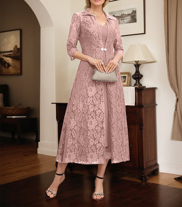 A-line V-Neck Tea-Length Chiffon Mother of the Bride Dress