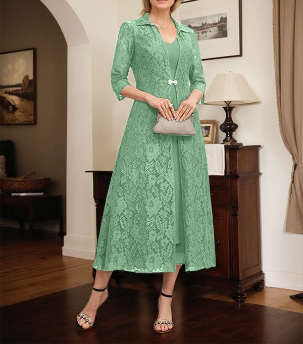 A-line V-Neck Tea-Length Chiffon Mother of the Bride Dress