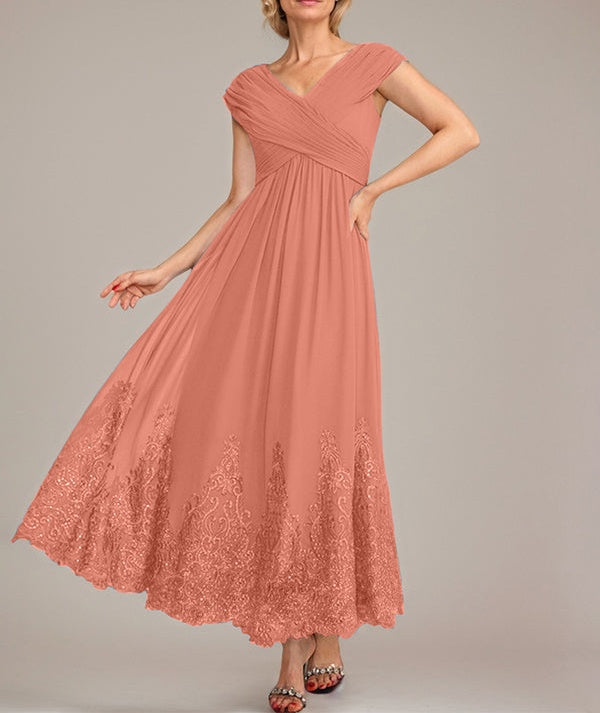 A-line V-Neck Ankle-Length Chiffon Mother of the Bride Dress With Applique Sequins