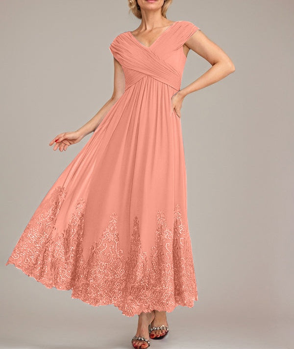 A-line V-Neck Ankle-Length Chiffon Mother of the Bride Dress With Applique Sequins