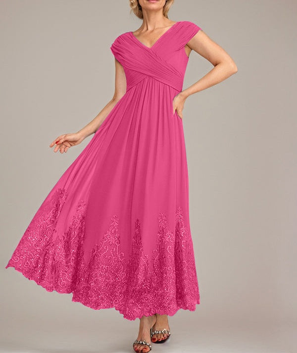 A-line V-Neck Ankle-Length Chiffon Mother of the Bride Dress With Applique Sequins