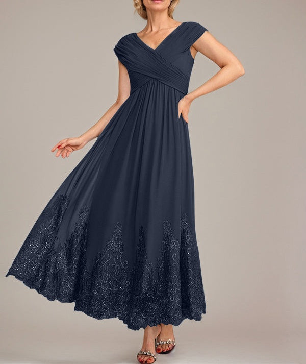 A-line V-Neck Ankle-Length Chiffon Mother of the Bride Dress With Applique Sequins