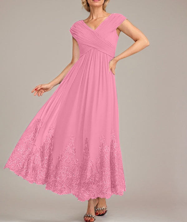 A-line V-Neck Ankle-Length Chiffon Mother of the Bride Dress With Applique Sequins
