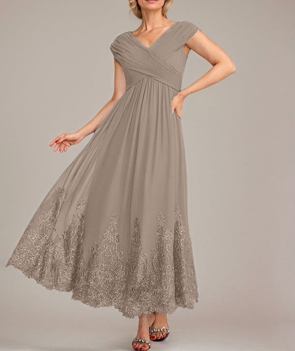 A-line V-Neck Ankle-Length Chiffon Mother of the Bride Dress With Applique Sequins