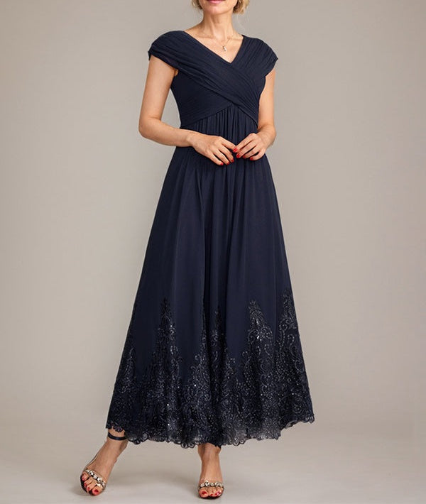 A-line V-Neck Ankle-Length Chiffon Mother of the Bride Dress With Applique Sequins