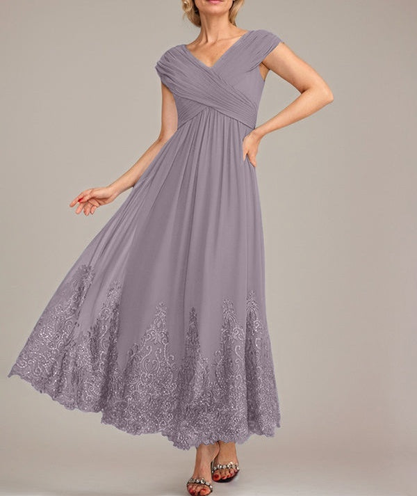 A-line V-Neck Ankle-Length Chiffon Mother of the Bride Dress With Applique Sequins