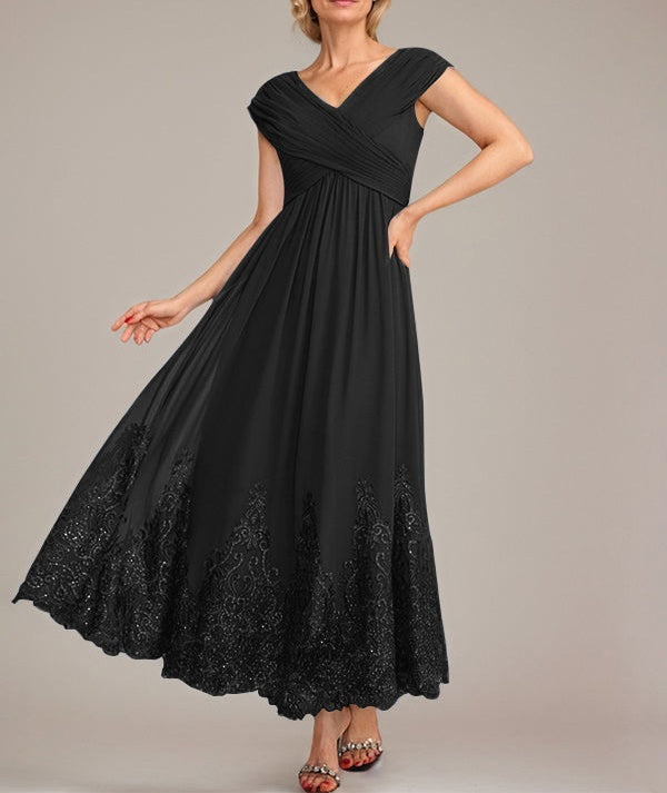 A-line V-Neck Ankle-Length Chiffon Mother of the Bride Dress With Applique Sequins