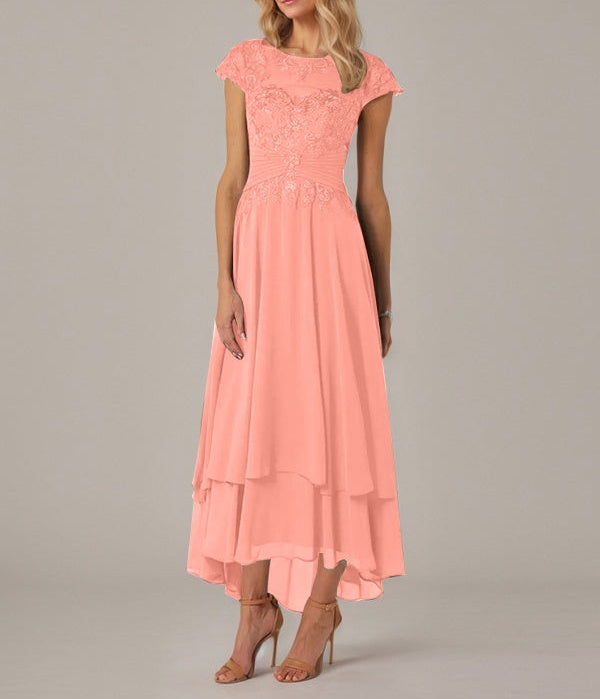 A-line Boat Neck Illusion Asymmetrical Chiffon Lace Mother of the Bride Dress With Applique Pleats