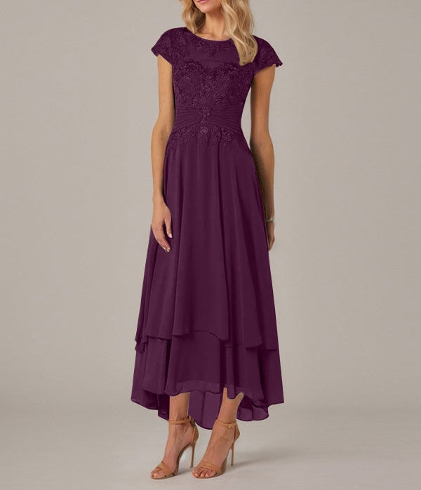 A-line Boat Neck Illusion Asymmetrical Chiffon Lace Mother of the Bride Dress With Applique Pleats