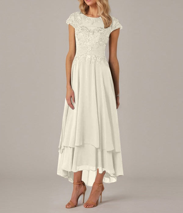 A-line Boat Neck Illusion Asymmetrical Chiffon Lace Mother of the Bride Dress With Applique Pleats
