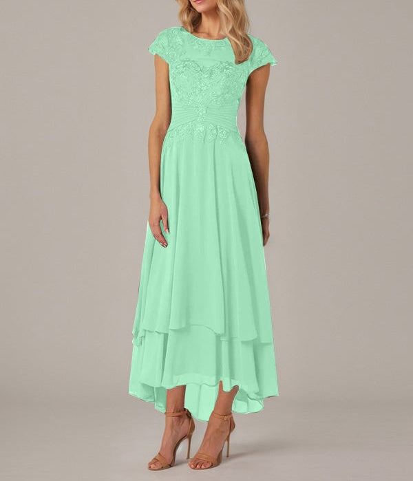 A-line Boat Neck Illusion Asymmetrical Chiffon Lace Mother of the Bride Dress With Applique Pleats